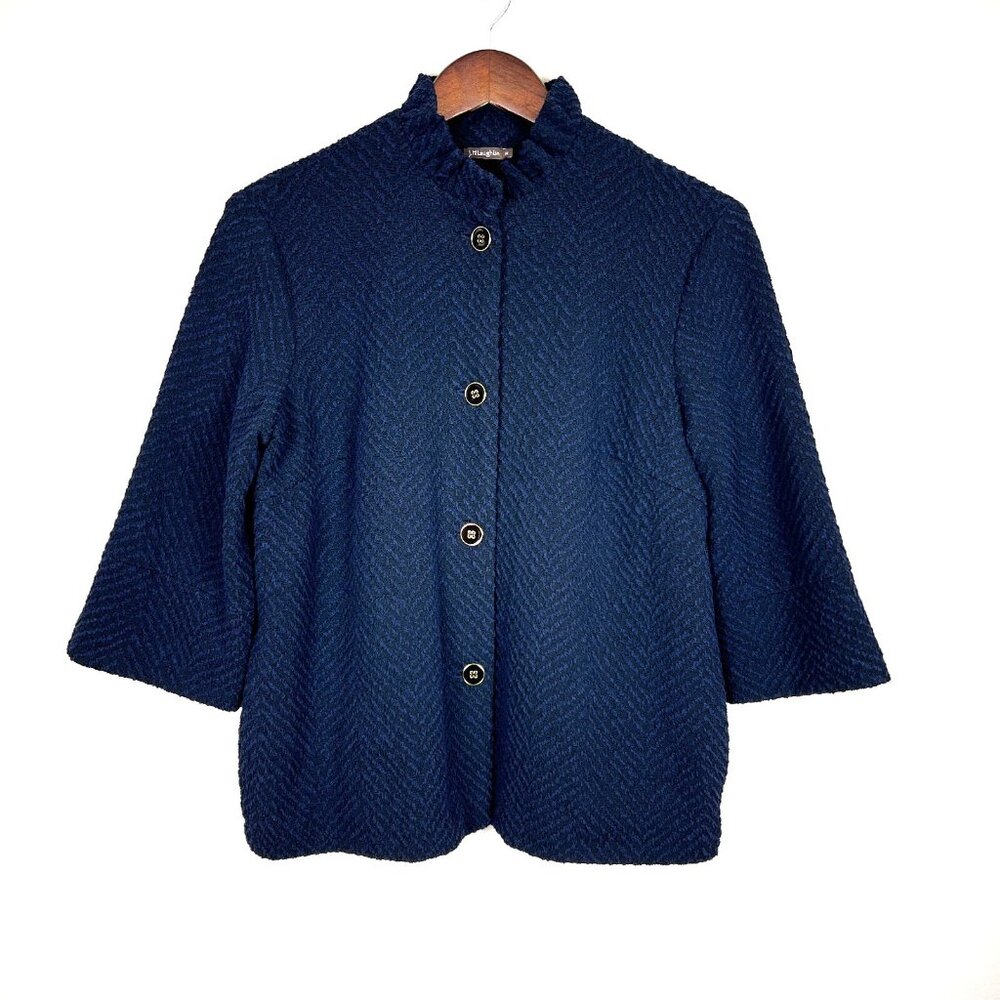 J McLaughlin Jacket Womens Medium Navy Black Button Up Texture 3/4 Sleeve Ruffle